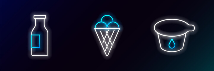 Set line Yogurt container, Bottle with milk and Ice cream waffle cone icon. Glowing neon. Vector