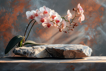 Stone podium and orchid for display product. Colorful background for cosmetic product branding,...