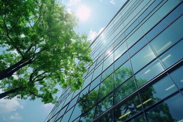 Eco architecture. Green tree and glass office building