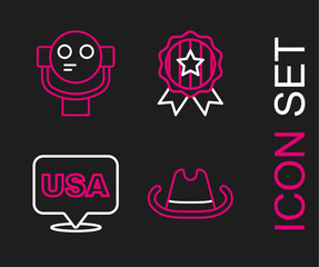 Set line Western cowboy hat, USA Independence day, Medal with star and Tourist binoculars icon. Vector