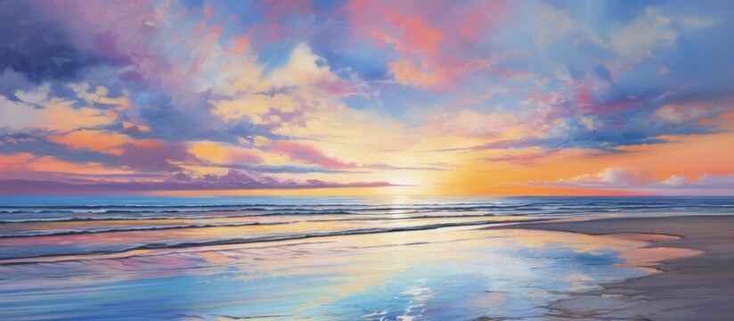 A beautiful piece of art capturing a sunset over the ocean, with vibrant colors reflecting on the water and clouds in the sky during dusk
