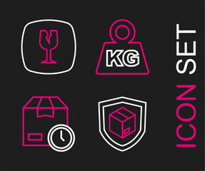 Set line Delivery security with shield, Cardboard box clock, Weight and Fragile broken glass icon. Vector