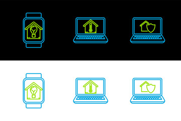 Set line Laptop with house under protection, Smart watch smart and light bulb and temperature icon. Vector