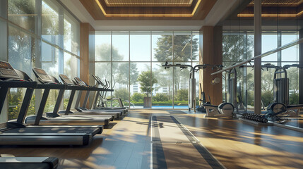 Healthy fitness regimen, personified wealth, vibrant gym atmosphere, dynamic and prosperous