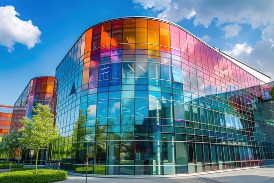 Eco friendly business with office building in bright mirror glass colors