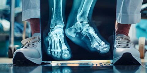 Doctor examining xray of swollen ankle joint for gout treatment focusing on uric acid crystals. Concept Medical Diagnosis, Swollen Ankle Joint, Gout Treatment, Uric Acid Crystals, X-ray Examination - obrazy, fototapety, plakaty