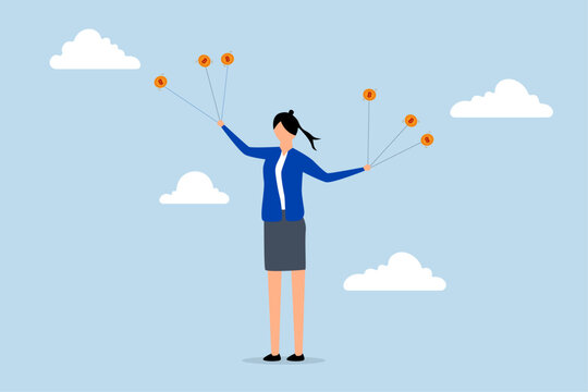 Bitcoin market risk, businesswoman showing plates spinning with shiny physical bitcoin coins.