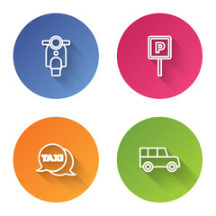 Set line Scooter, Parking, Taxi call telephone service and Car. Color circle button. Vector