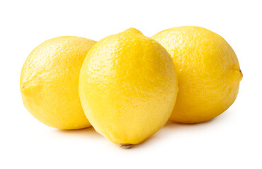 Three whole fresh beautiful yellow lemons in stack isolated with clipping path and shadow in png file format