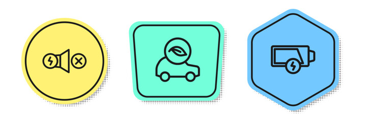 Set line Electric motor, Eco car and Low battery. Colored shapes. Vector