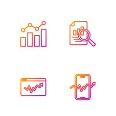 Set line Mobile stock trading, Graph chart infographic, Financial growth and Document with. Gradient color icons. Vector