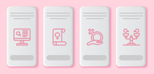 Set line Dating app, Feminism, Female gender and Gender equality. White rectangle button. Vector