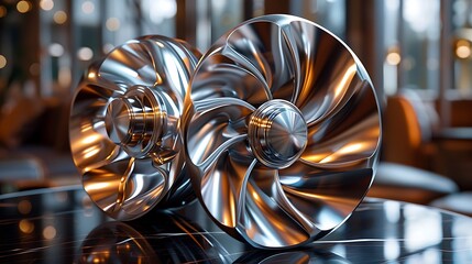 A pristine, polished chrome fan blade spins gracefully, catching the light in a mesmerizing dance. Its metallic allure beckons with a silent elegance.