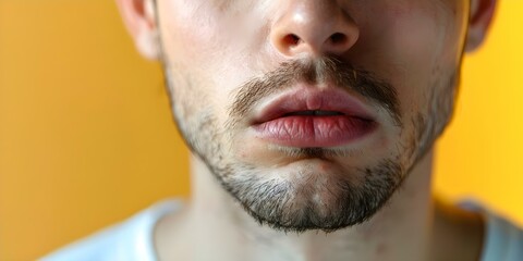Closeup of a man with a swollen lower lip after a bee sting showing an allergic reaction. Concept Medical Emergency, Bee Sting Allergy, Swollen Lip, Closeup Portrait, Allergic Reaction - obrazy, fototapety, plakaty