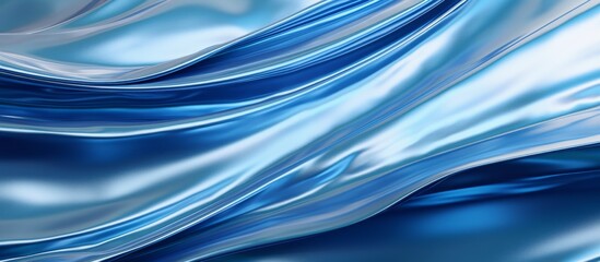 A close up of a vibrant electric blue satin fabric with wavelike patterns resembling liquid waves or clouds, creating a mesmerizing art piece with a touch of violet and metal elements