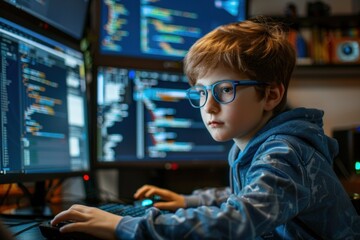 Focused developer coder kid wears glasses working on computer - obrazy, fototapety, plakaty