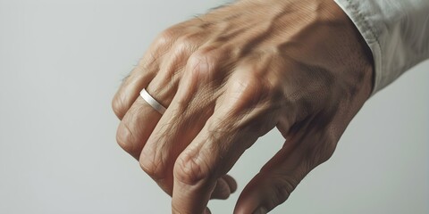 Fototapeta premium Swollen right hand with enlarged middle finger and wedding ring due to allergic reaction from wasp sting. Concept Allergic Reaction, Wasp Sting, Swollen Hand, Enlarged Finger, Wedding Ring