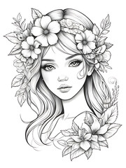 Girl with flowers on her head. and sketch with line smoothly outline coloring page, white background, ai generated 