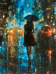 Rainy City Scene.  Generated Image.  A digital illustration of a woman with an umbrella walking in a rainy city street at night.