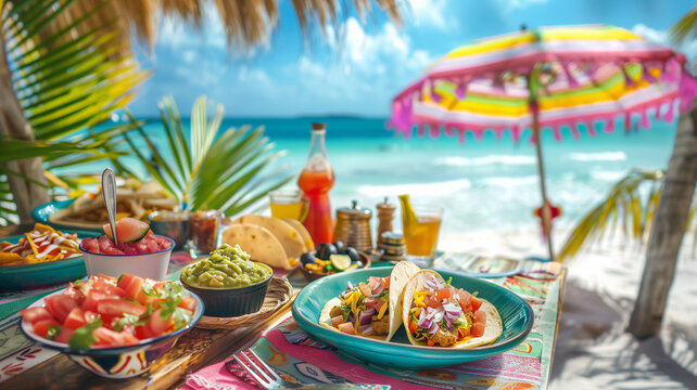 table of mexican food on the beach including tacos
