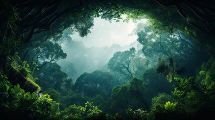 Rainforest canopy from below, corner or top space for text - obrazy, fototapety, plakaty