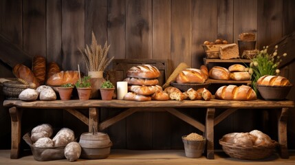 Rustic bakery goods display, side or top space for copy