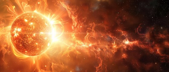 Stunning representation of a fiery sun with dynamic solar flares against the backdrop of cosmic space and stars