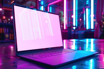 Futuristic laptop in neon lighting with white screen mockup