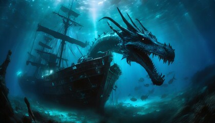 an underwater blue dragon sea creature swimming around a shipwrecked ship Ai Generated - obrazy, fototapety, plakaty