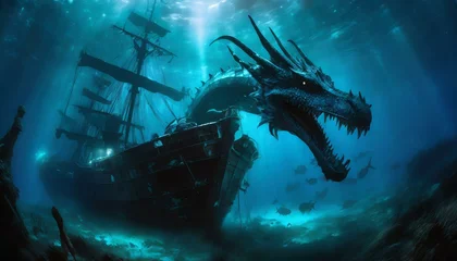 Fotobehang Schipbreuk an underwater blue dragon sea creature swimming around a shipwrecked ship Ai Generated