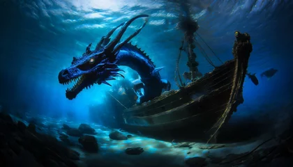 Badkamer foto achterwand an underwater blue dragon sea creature swimming around a shipwrecked ship AI Generated © Muhammad