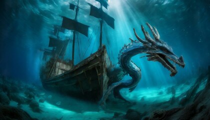 an underwater blue dragon sea creature swimming around a shipwrecked ship AI Generated - obrazy, fototapety, plakaty
