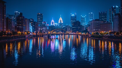 Fototapeta na wymiar Urban skyline at night, city lights reflecting in the river