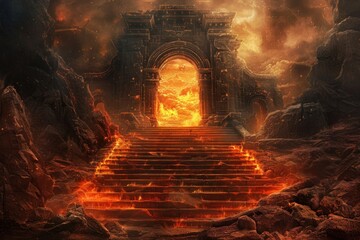 Gate to hell with steps and fire - obrazy, fototapety, plakaty