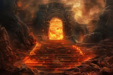 Tuinposter Gate to hell with steps and fire © Igor