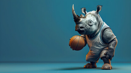 Surreal Rhino Basketball Player with Studio Lighting on Blue Background