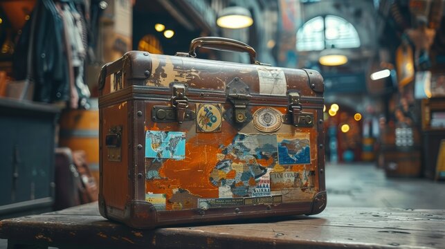 Vintage travel suitcase, stickers from around the world