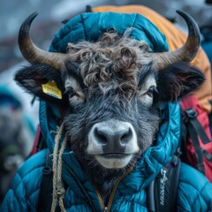 Yak in a thermal jacket, Himalayan tre - obrazy, fototapety, plakaty