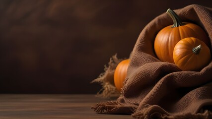 Seasonal background Background with copy-space. Pumpkins with Warm Brown color Blanket. Autumn Concept. Generative AI