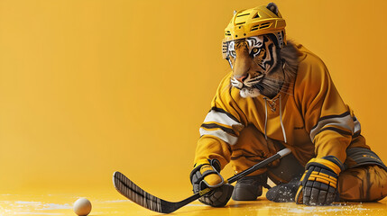 A surreal of a tiger playing hockey with a small hockey stick and puck wearing a hockey uniform helmet and gloves on a yellow background with studio - obrazy, fototapety, plakaty