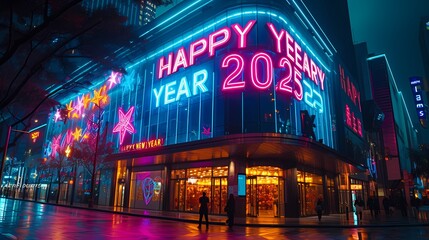 LED lights forming "HAPPY NEW YEAR 2025" on the facade of a futuristic building