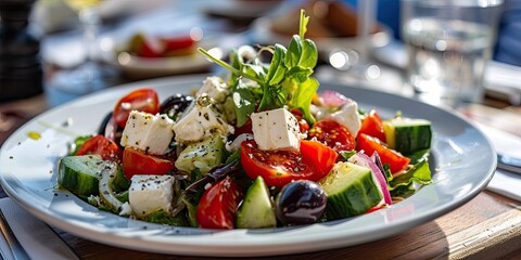 Greek Salad served in summer cafe in rustic plate,