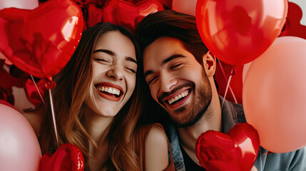 Happy Valentine's Day celebration happy young couple in love with red balloons, a love relationship romantic  emotion - obrazy, fototapety, plakaty