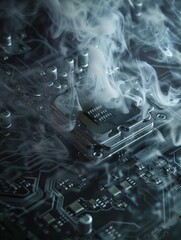 Close-up of a smoking computer chip, depicting technology failure or system overheating on a detailed motherboard