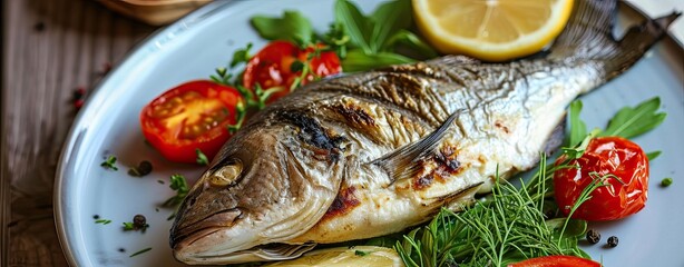 grilled dorada fish served on plate, web banner format - 771596723
