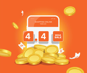 Promotion template, text 4.4 mega sale on smartphone screen. There is a pile of money or gold at the bottom, vector 3d on orange backgrounds for online shopping, delivery concept design