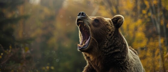 A detailed close-up of a ferocious brown bear roaring amidst the autumnal forest, capturing the raw power of wildlife © burntime555
