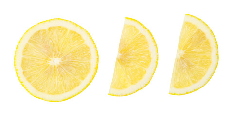Top view set of yellow lemon half and slice or quarter isolated with clipping path in png file format