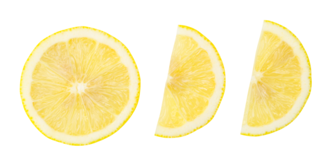 Top view set of yellow lemon half and slice or quarter isolated with clipping path in png file format