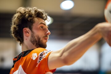 A player in sports uniform with curly hair is holding a ball in his hand during a tournament